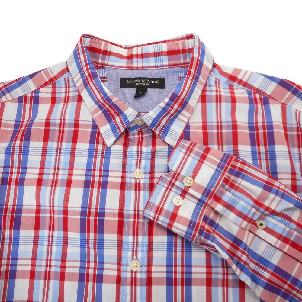 Banana Republic Men's L Plaid Button-up Shirt Red White Blue 4th of July Picnic